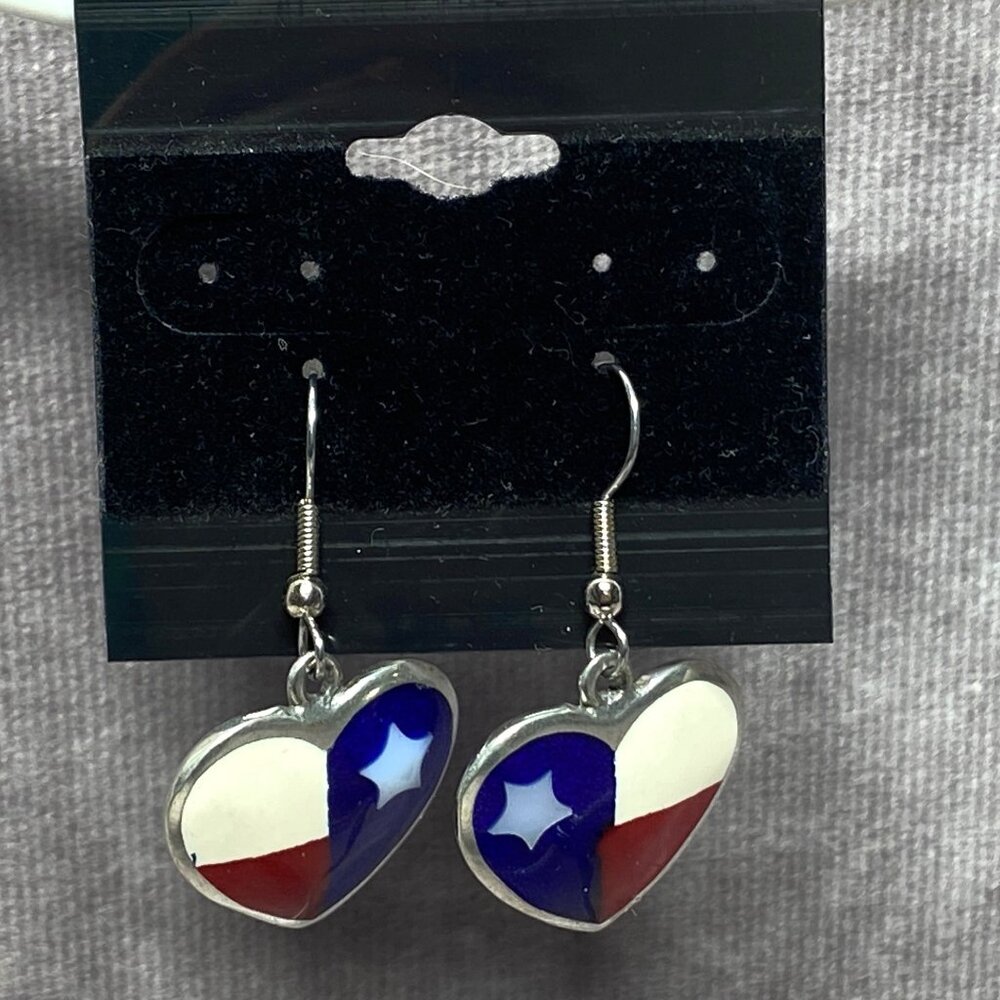 Heart Shaped Star Earrings With Texas Flag Design & Silver Tone Hooks